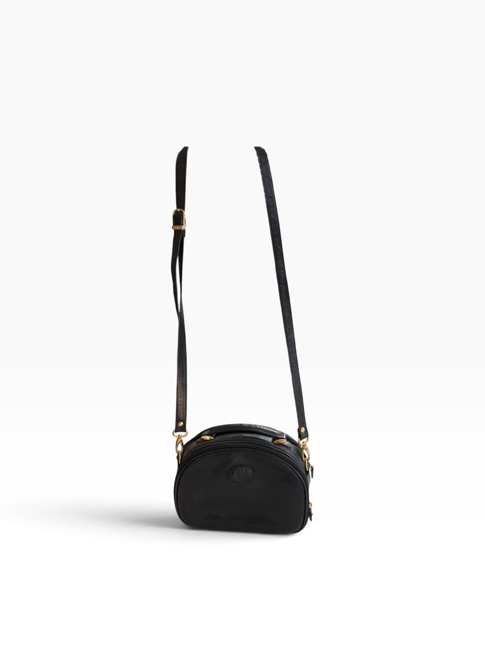 Vintage Basido Black Leather Crossbody with Gold Accents
